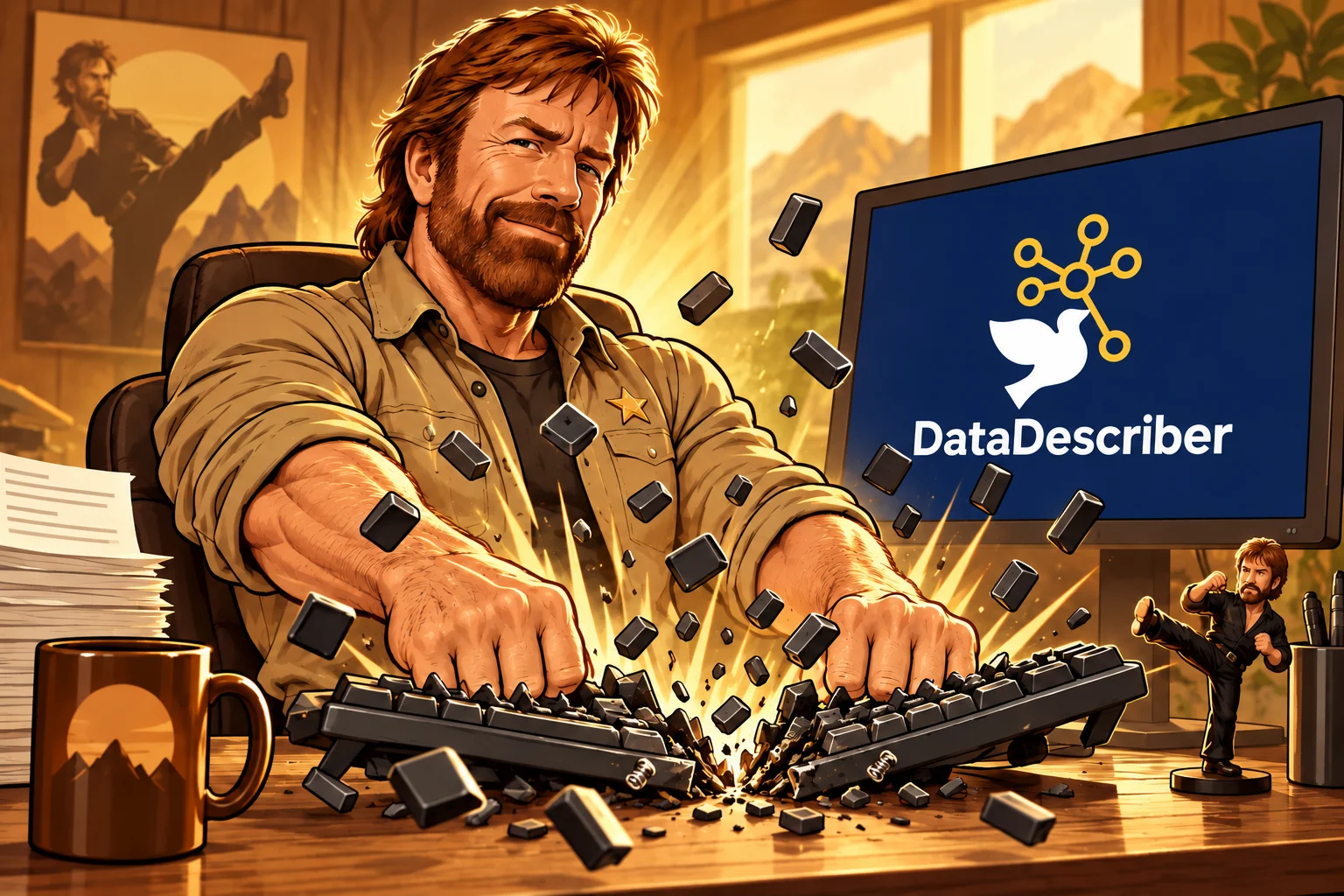 Cartoon of Chuck Norris smashing his keyboard, with keys flying through the air and DataDescriber branding on the monitor.
