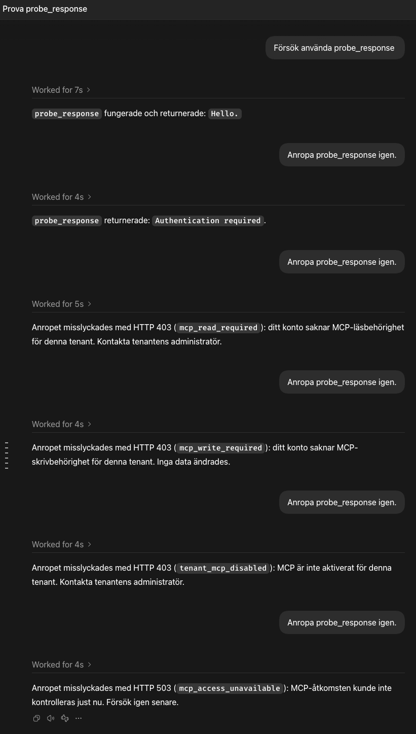 Owner-run success and five HTTP error cases in one chat